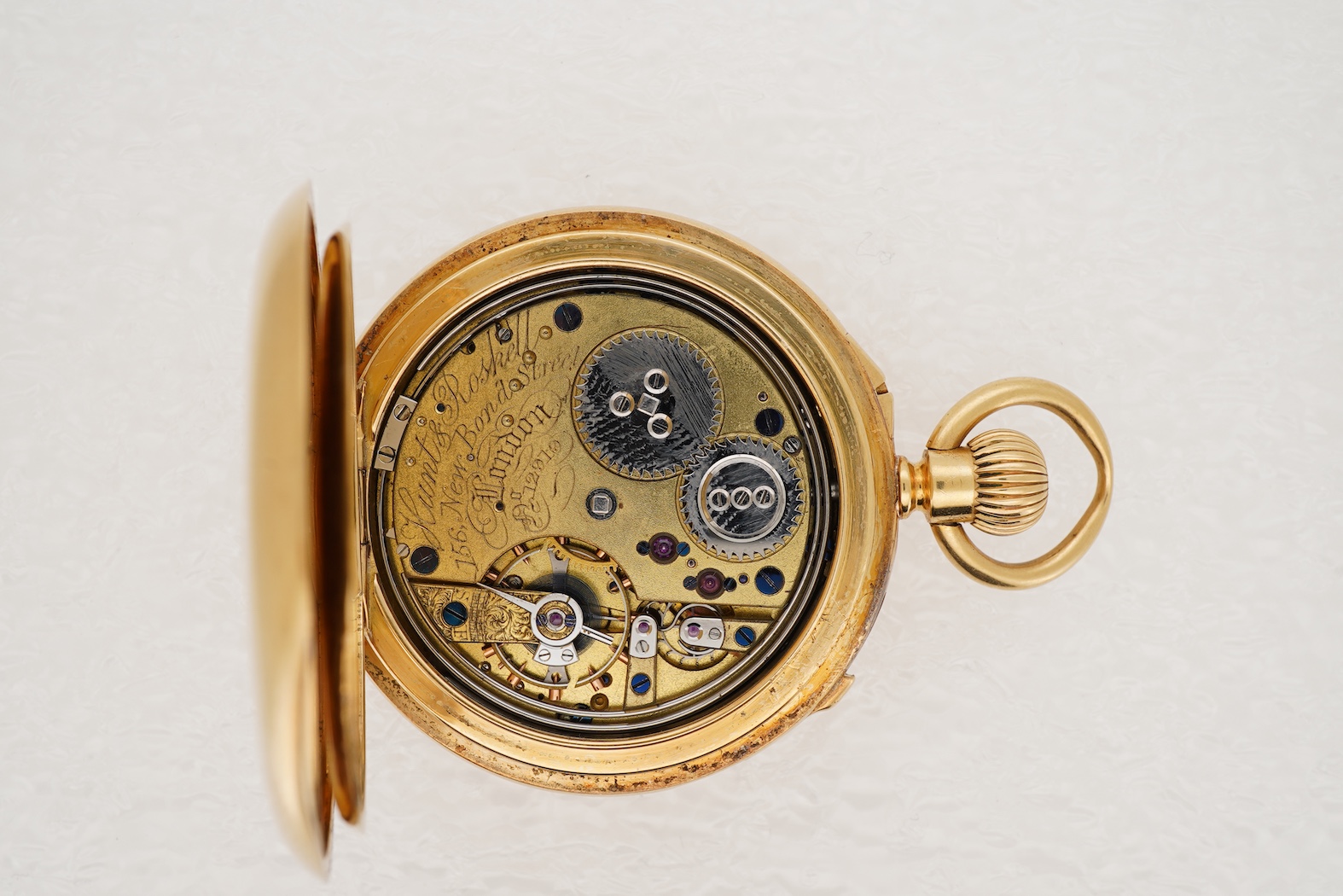 A Victorian 18ct gold Hunt & Roskell keyless hunter hour repeating fob watch